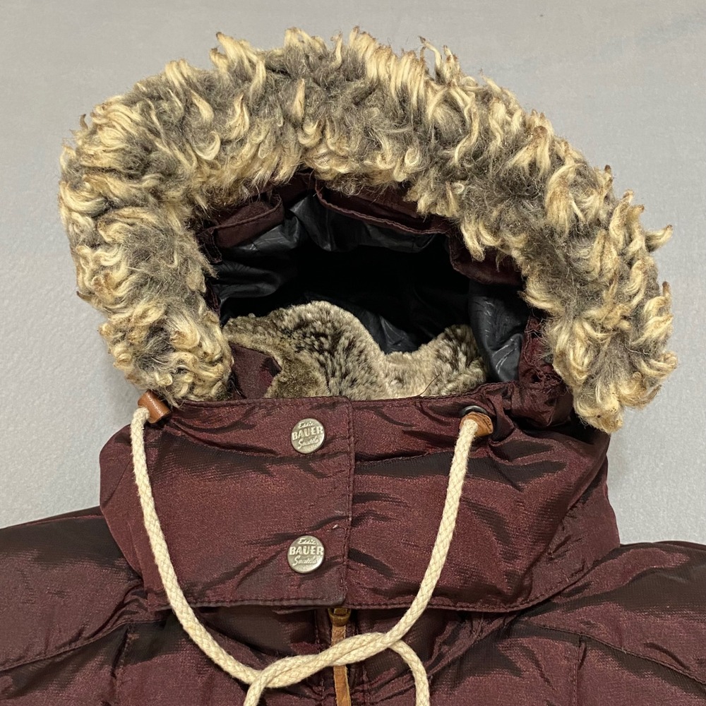 Eddie Bauer Womens Small Burgundy Down Puffer Parka Faux Fur Trim Hood Jacket - Picture 7 of 15